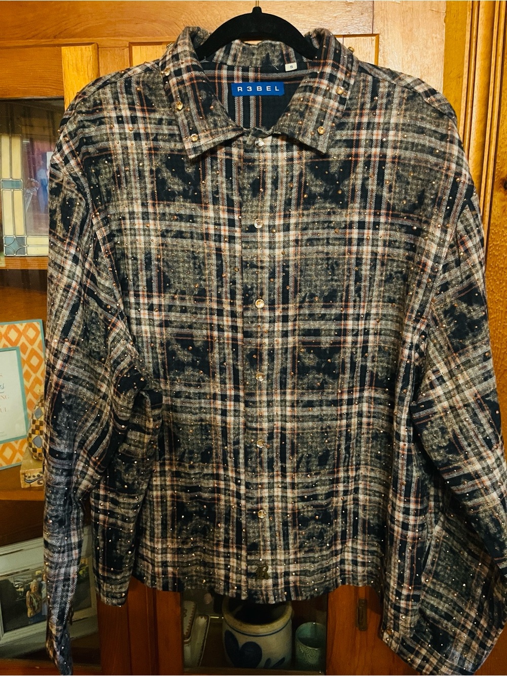 R3BEL Plaid  Rhinestone/Streetwear Shirt Sz. S